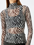 Slim Fit Uzun Kollu Dik Yaka Zebra Desenli Tül Transparan Tişört 