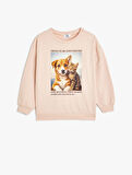 Sweatshirt Bisiklet Yaka Köpek Baskılı Uzun Kollu Pamuklu