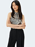 Saten Kolsuz Halter Yaka Leopar Bluz