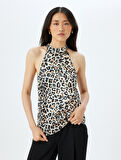 Saten Kolsuz Halter Yaka Leopar Bluz