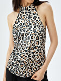 Saten Kolsuz Halter Yaka Leopar Bluz