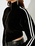 Koton X İnji - Kadife Fermuarlı Şerit Detaylı Dik Yaka Asimetrik Crop Sweatshirt