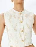 Gold Düğme Detaylı Desenli Müslin Crop Yelek
