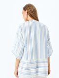 Viskon Karışımlı Cepli 3/4 Geniş Kol Çizgili Kimono 