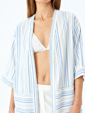 Viskon Karışımlı Cepli 3/4 Geniş Kol Çizgili Kimono 