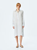Viskon Yarım Düğmeli Uzun Kollu Midi Boy Oversize Gömlek Elbise