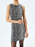A Kesim Yuvarlak Yaka Kolsuz Leopar Desenli Mini Kalem Elbise