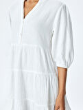 Pamuklu Katmanlı V Yaka Kısa Balon Kollu Mini Müslin Elbise