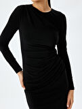 Drape Detaylı Uzun Kollu Mini Kalem Elbise