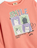 Sweatshirt Kedi Baskılı Uzun Kollu Bisiklet Yaka Şardonlu