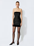 Straplez Pullu Payetli Mini Slim Fit Kolsuz Abiye Elbise