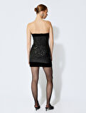 Straplez Pullu Payetli Mini Slim Fit Kolsuz Abiye Elbise
