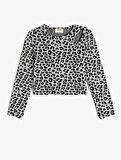 Leopar Desenli Bluz Uzun Kollu Bisiklet Yaka Pencere Detaylı 