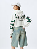 Şardonlu Arkası Kolej Baskılı Crop Fermuarlı Kapüşonlu Cepli Sweatshirt