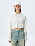 Şardonlu Arkası Kolej Baskılı Crop Fermuarlı Kapüşonlu Cepli Sweatshirt