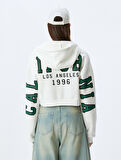 Şardonlu Arkası Kolej Baskılı Crop Fermuarlı Kapüşonlu Cepli Sweatshirt