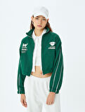 Arkası Baskılı Dik Yaka Fermuarlı Biyeli Şardonlu Oversize Crop Sweatshirt