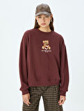 Ayı İşlemeli Sloganlı Bisiklet Yaka Şardonlu Oversize Sweatshirt