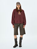 Ayı İşlemeli Sloganlı Bisiklet Yaka Şardonlu Oversize Sweatshirt