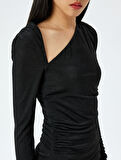 Asimetrik Yaka Drapeli Slim Fit Mini Simli Abiye Elbise