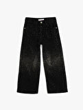 Kot Pantolon Geniş Paça Zımbalı Cepli Pamuklu - Wide Leg Jean