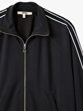 Modal Karışımlı Çizgili Cepli Dik Yaka Tam Fermuarlı Sweatshirt