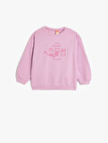 Sweatshirt Uzun Kollu Kedi Baskılı Bisiklet Yaka Şardonlu Pamuklu