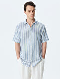 Kısa Kollu Regular Fit Çizgili Keten Karışımlı Gömlek