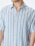 Kısa Kollu Regular Fit Çizgili Keten Karışımlı Gömlek