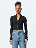 Slim Fit Uzun Kollu Fermuarlı Crop Triko Hırka