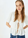 Bisiklet Yaka Balon Kollu Bağcıklı Volanlı Bluz