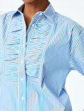 Klasik Yaka Uzun Kollu Fırfırlı Çizgili Gömlek