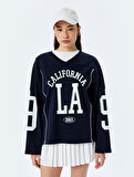 Kolej Baskılı V Yaka Uzun Kollu Oversize Sweatshirt