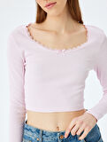 Dantel Detaylı Uzun Kollu Slim Fit Crop Tişört