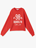 Şardonlu Kolej Baskılı Bisiklet Yaka Crop Sweatshirt