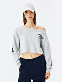 Şardonlu Arkası Baskılı Kayık Yaka Crop Oversize Sweatshirt