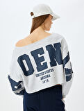 Şardonlu Arkası Baskılı Kayık Yaka Crop Oversize Sweatshirt