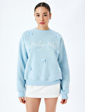Fiyonklu Slogan Baskılı Bisiklet Yaka Sweatshirt