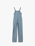 Kare Yaka Cepli Dikiş Detaylı Kolsuz Denim Tulum