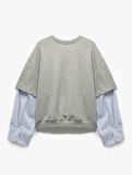 Çift Katman Detaylı Manşetli Uzun Kollu Bisiklet Yaka Çizgili Sweatshirt