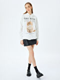 Şardonlu Kapüşonlu Kedi Baskılı Uzun Kollu Rahat Kalıp Sweatshirt