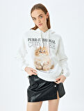 Şardonlu Kapüşonlu Kedi Baskılı Uzun Kollu Rahat Kalıp Sweatshirt