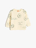 Uzun Kollu Bisiklet Yaka Baskı Detaylı Pamuklu Sweatshirt