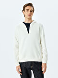 Kapşonlu Pamuk Karışımlı Şardonlu Basic Yarım Fermuarlı Sweatshirt