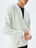 Kapşonlu Pamuk Karışımlı Şardonlu Basic Yarım Fermuarlı Sweatshirt