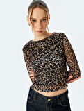 Leopar Drape Detaylı Uzun Kollu Bisiklet Yaka Tül Tişört