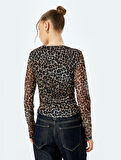 Leopar Drape Detaylı Uzun Kollu Bisiklet Yaka Tül Tişört
