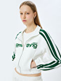 Fermuarlı Şerit Detaylı Slogan Baskılı Oversize Sweatshirt