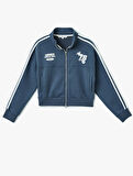 Fermuarlı Cepli Biyeli Kolej Baskılı Sweatshirt
