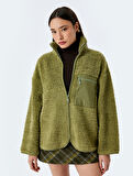 Dik Yaka Fermuarlı Cep Detaylı Peluş Oversize Sweatshirt